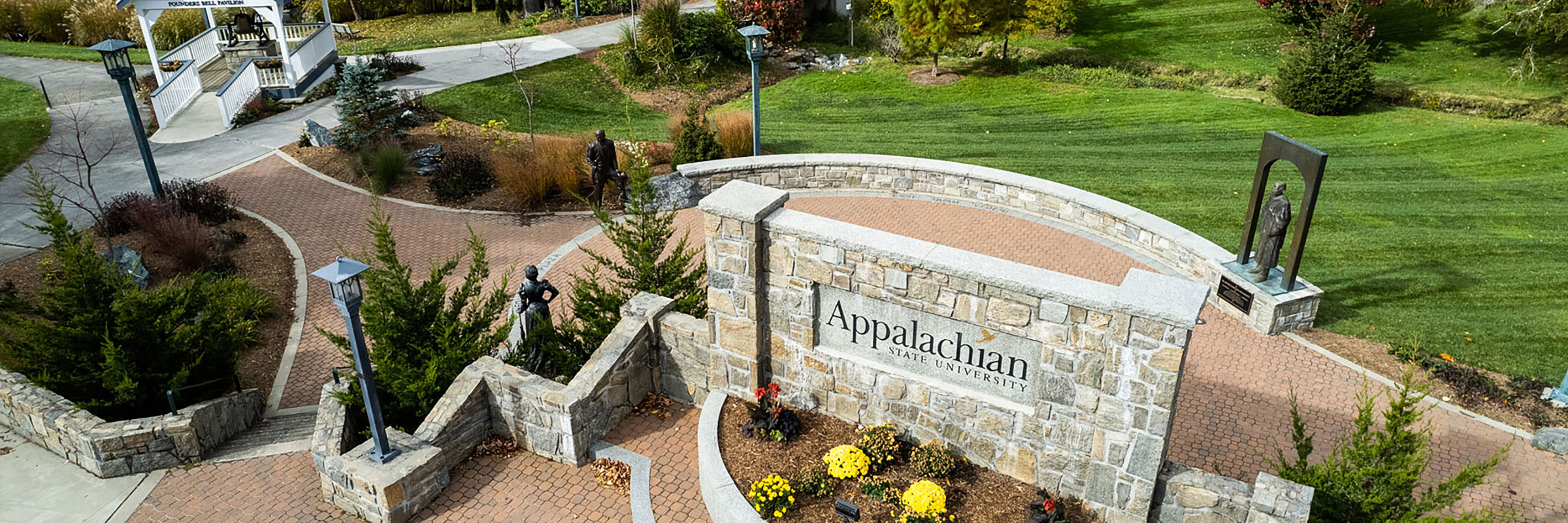 Aerial view of Founders Plaza with statues and bell pavilion, Fall 2022.