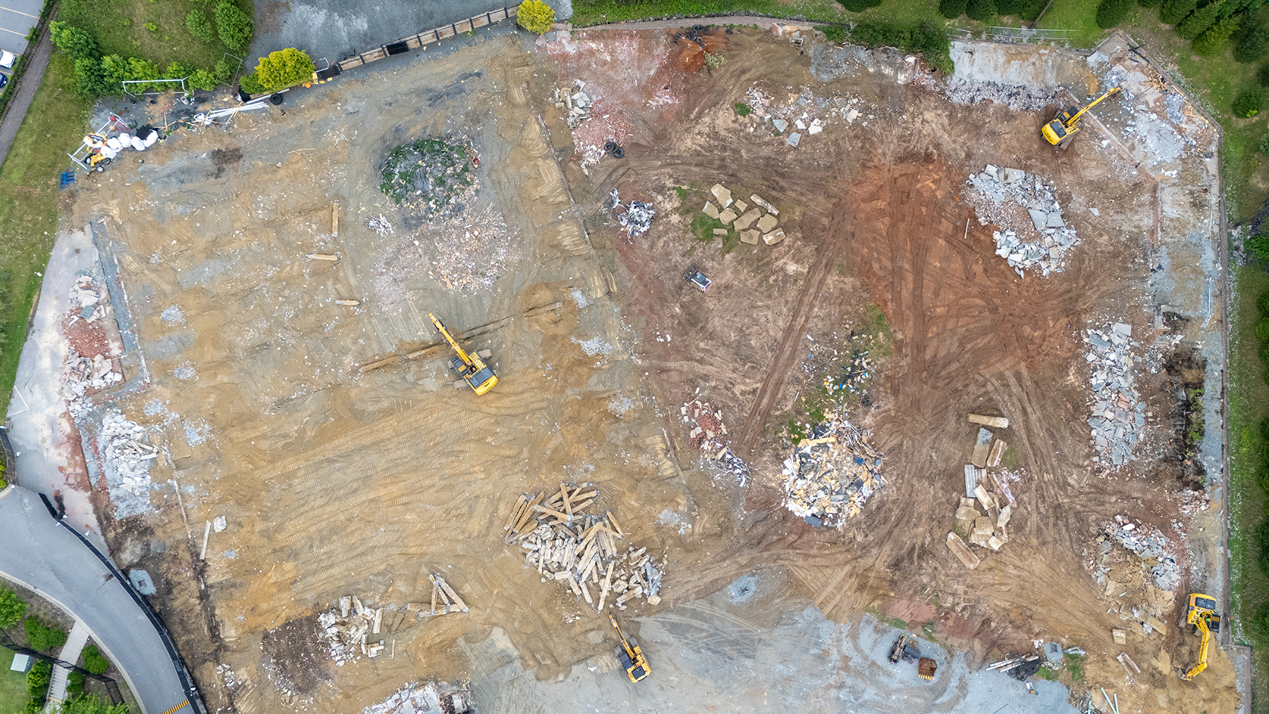An aerial view of demolition work underway at the future site of App State’s new Indoor Practice Facility.