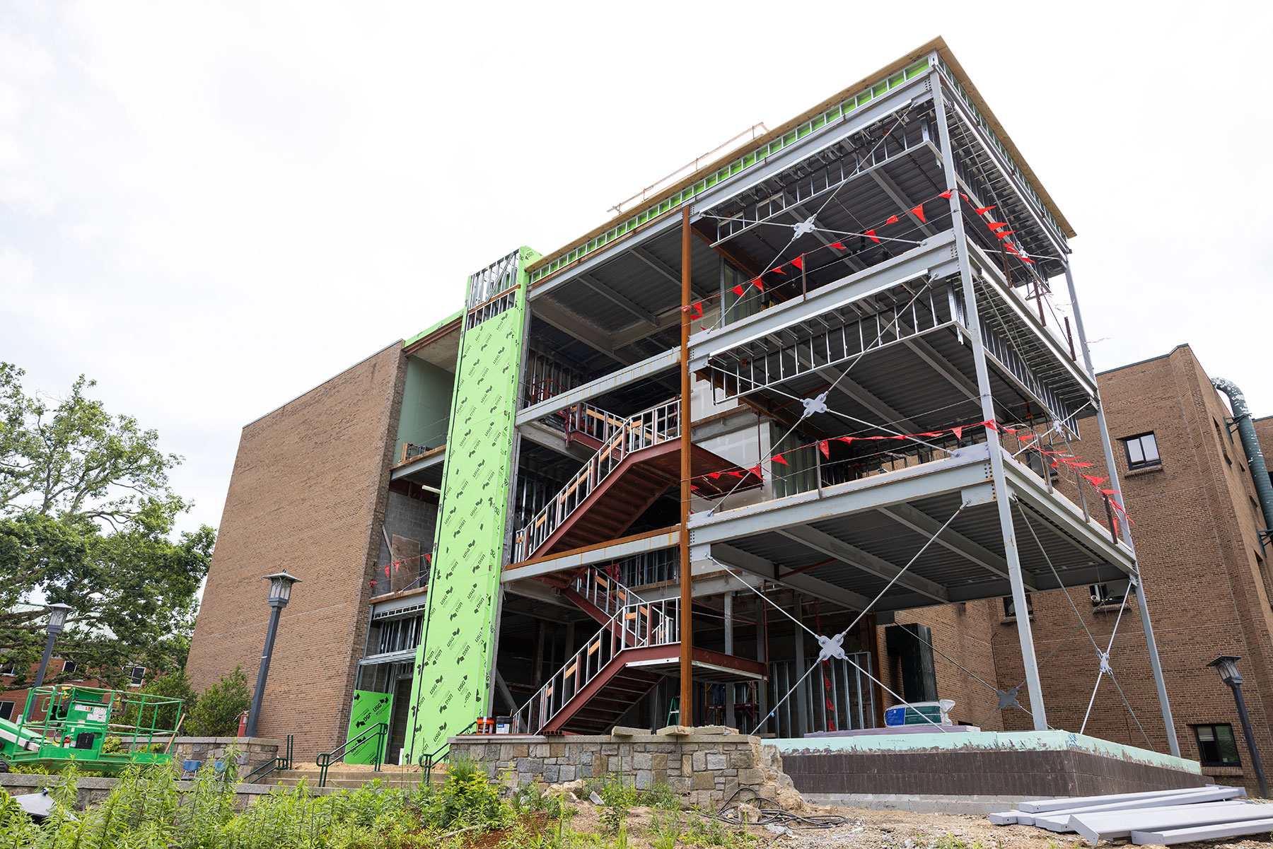 construction work taking place at the front entrance of App State's Wey Hall
