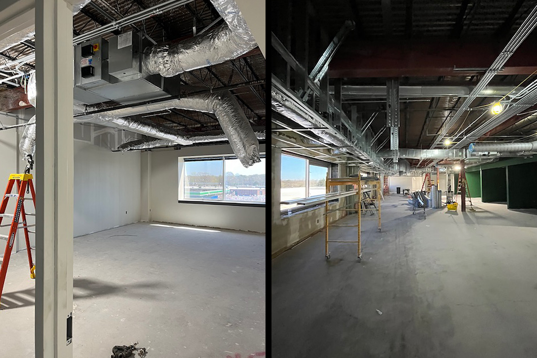 Renovations at App State’s Hickory campus with exposed ductwork and scaffolding.